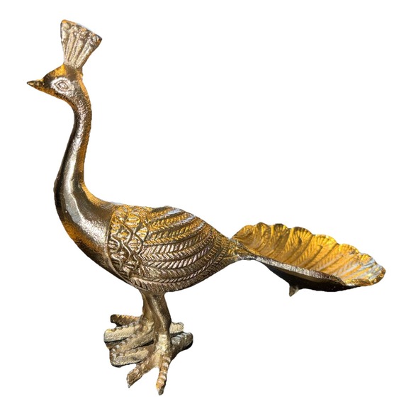 Vintage Gold Cast Metal Peacock Bird Trinket Dish Soap Holder Hollywood Regency